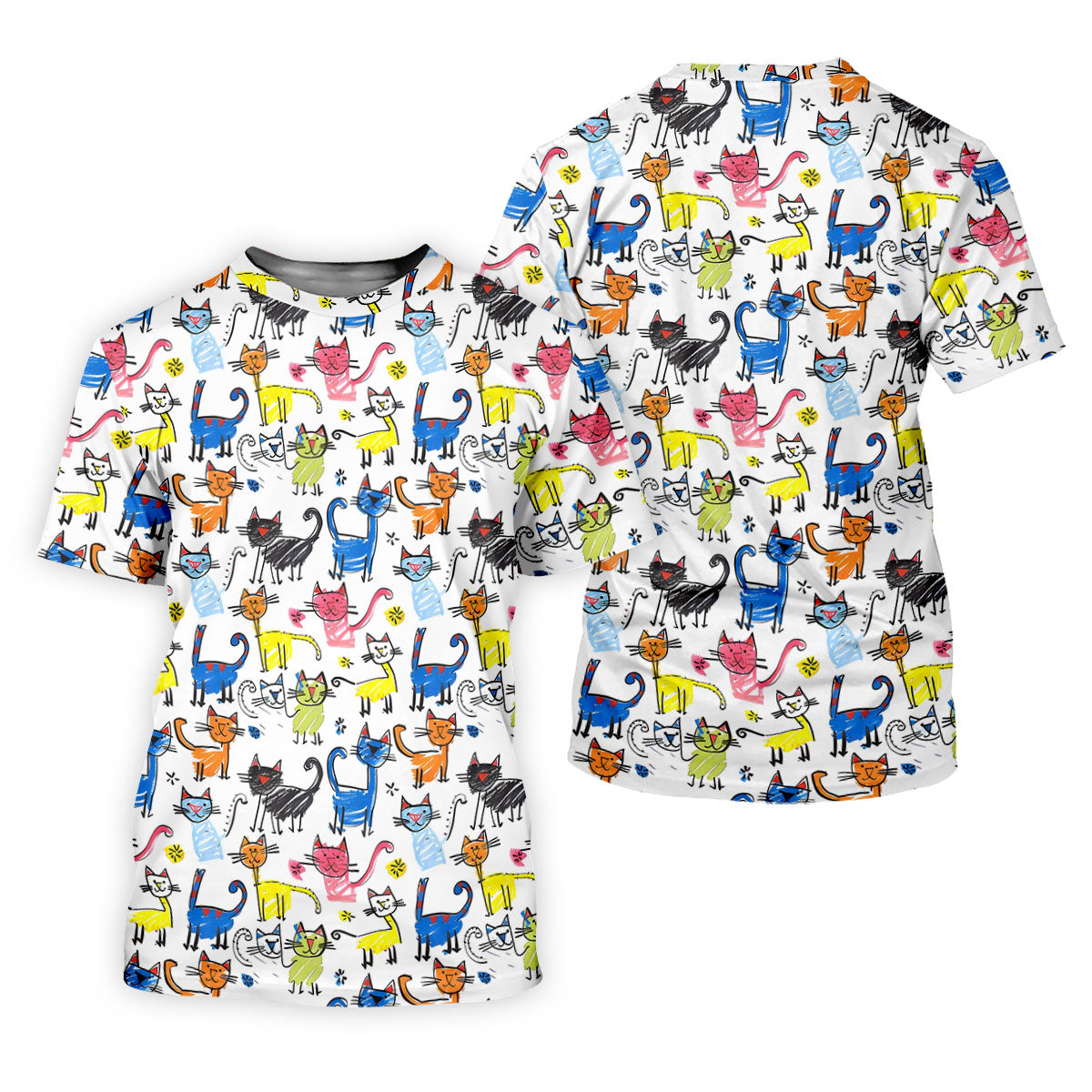 Cartoon Cat Golf Shirt, Colorful Doodle Cat Pattern, Polo Shirts For Men