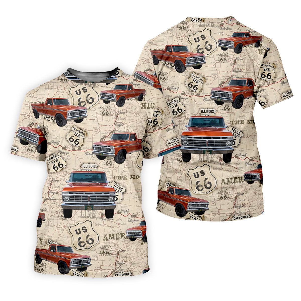 Custom Photo Truck Golf Shirt, Vintage Pickup Route 66 Map Pattern, Golf Shirt For Women
