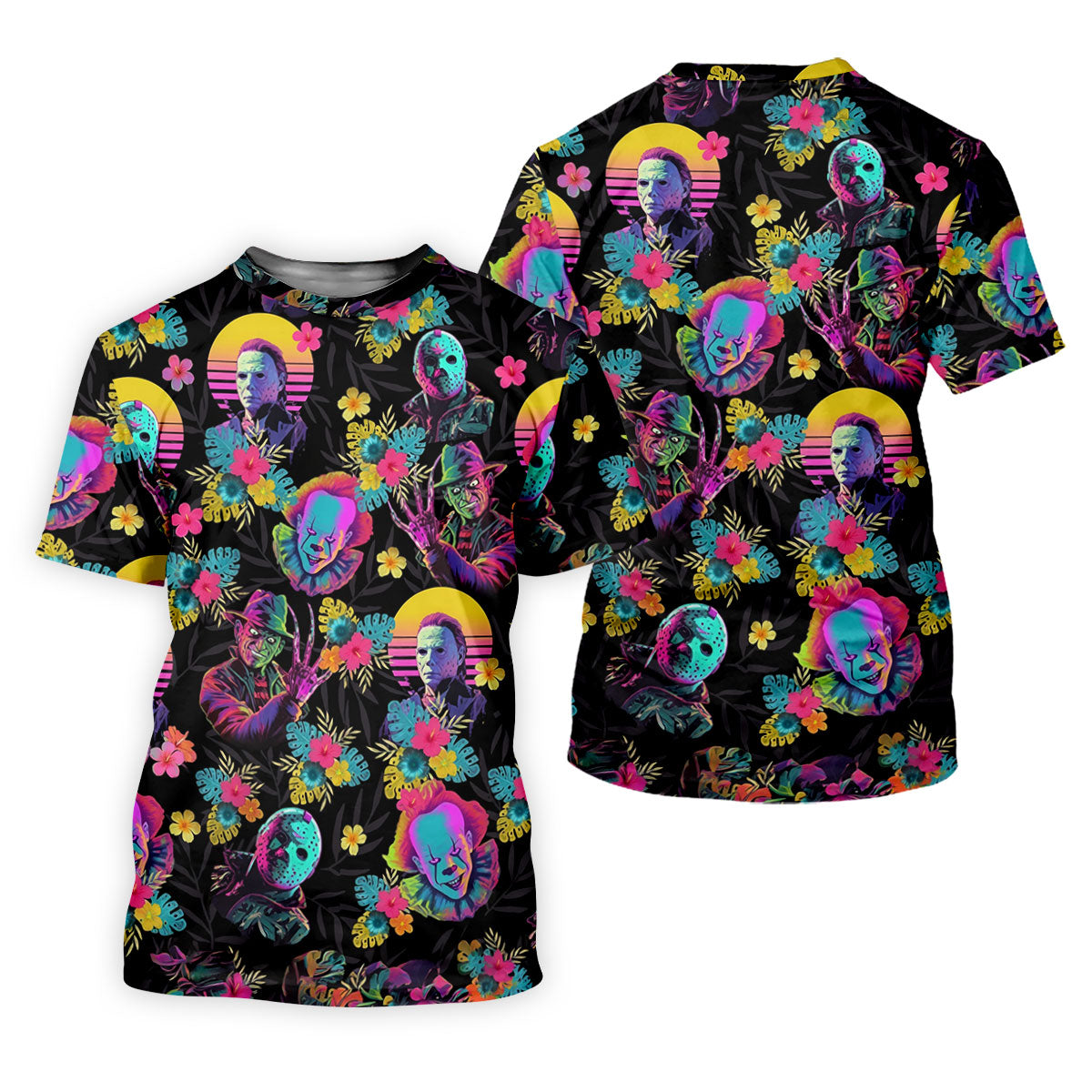 Neon Floral Halloween Horror Character Hawaiian Golf Shirt, Men's Golf Shirt, Mens Golf Polo