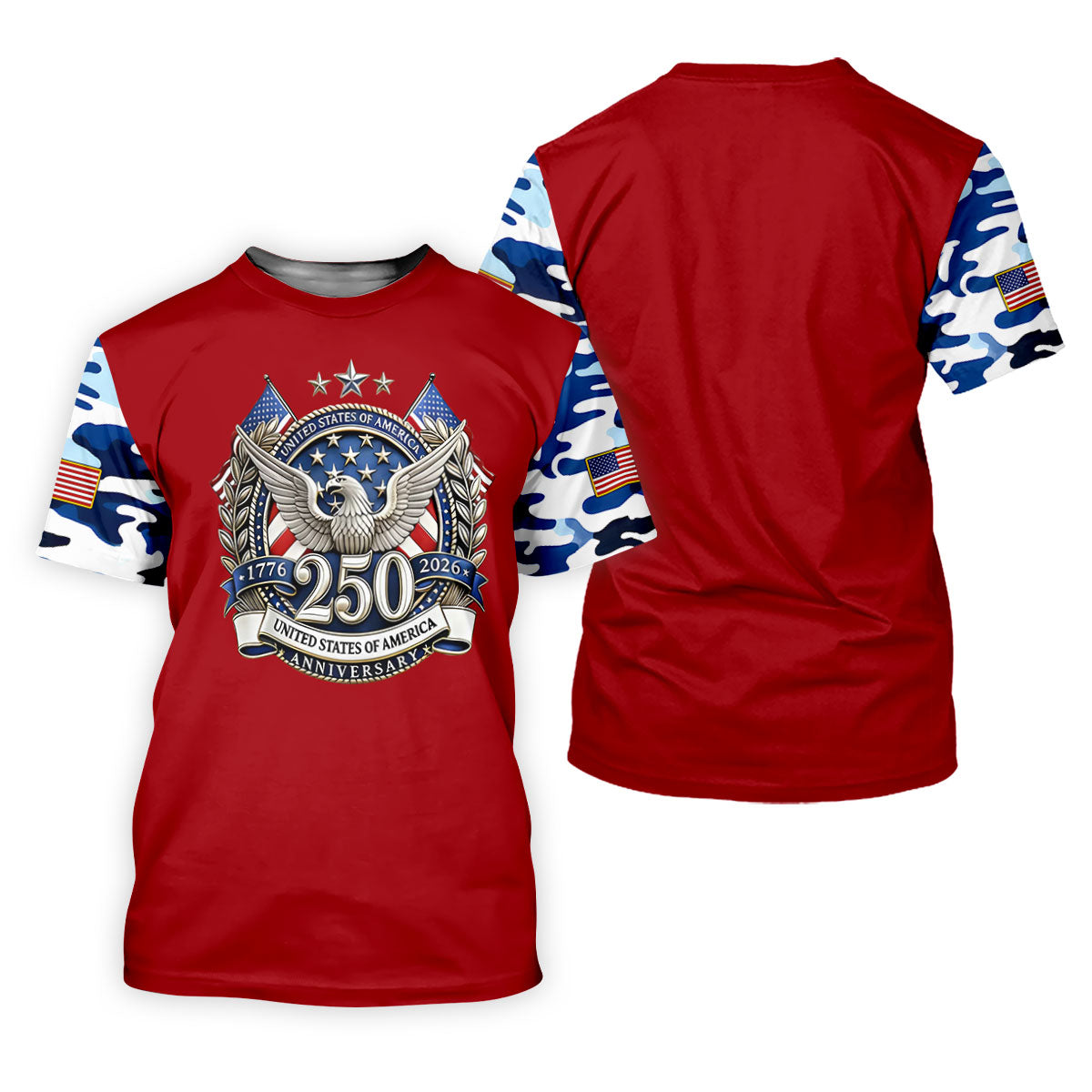 Patriotic Bald Eagle Blue And White Camo Red Golf Shirt, 250th Anniversary Golf Shirts For Men