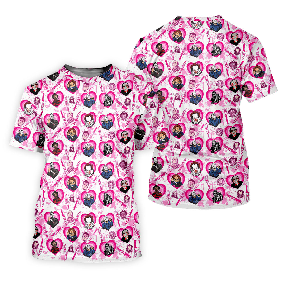 Pink Horror Character Pattern Golf Polo Shirt for Men Halloween Golf Apparel Printed Golf Shirts