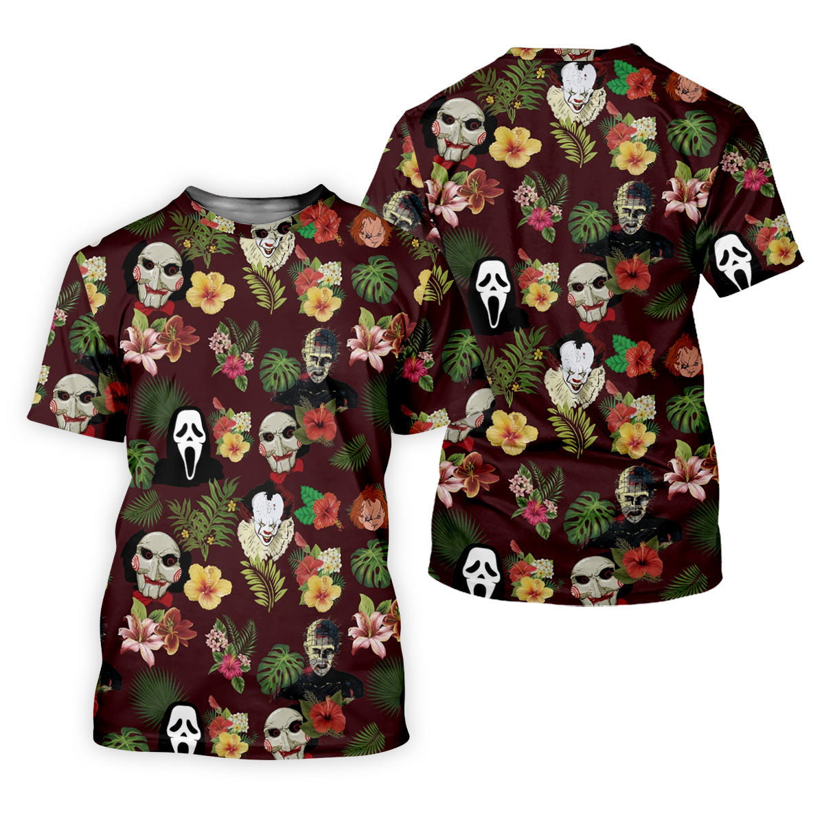 Floral Halloween Horror Character Hawaiian Golf Shirt, Men's Golf Shirt, Golf Polo Shirts For Men
