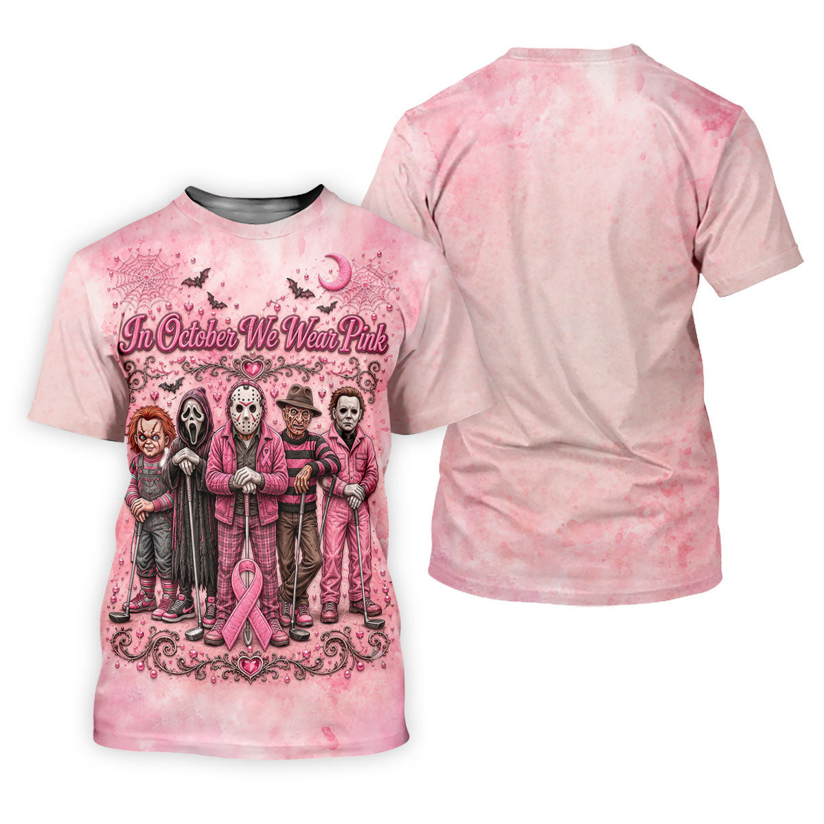 In October We Wear Pink Breast Cancer Horror Characters Golf Polo, Polo Shirts For Men