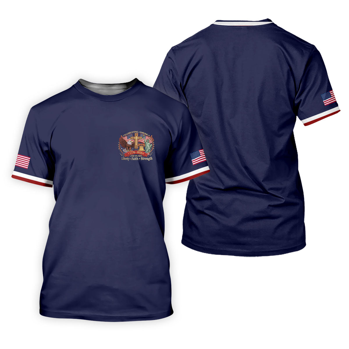 Liberty Faith Strength Faith Cross USA 250 Navy Golf Shirt, 4th Of July Golf Shirts For Men