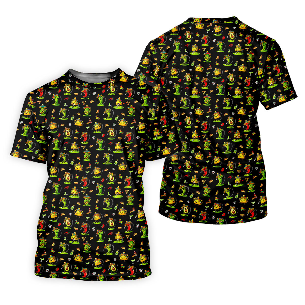 Mexican Cartoon Food Characters Cinco De Mayo Celebration Fiesta Themed Black Golf Shirts For Men
