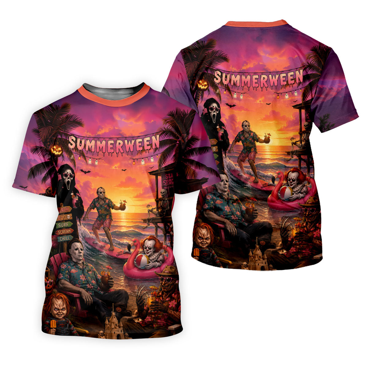 Summerween Halloween Horror Character Golf Shirt, Printed Golf Shirts, Hawaiian Golf Shirt