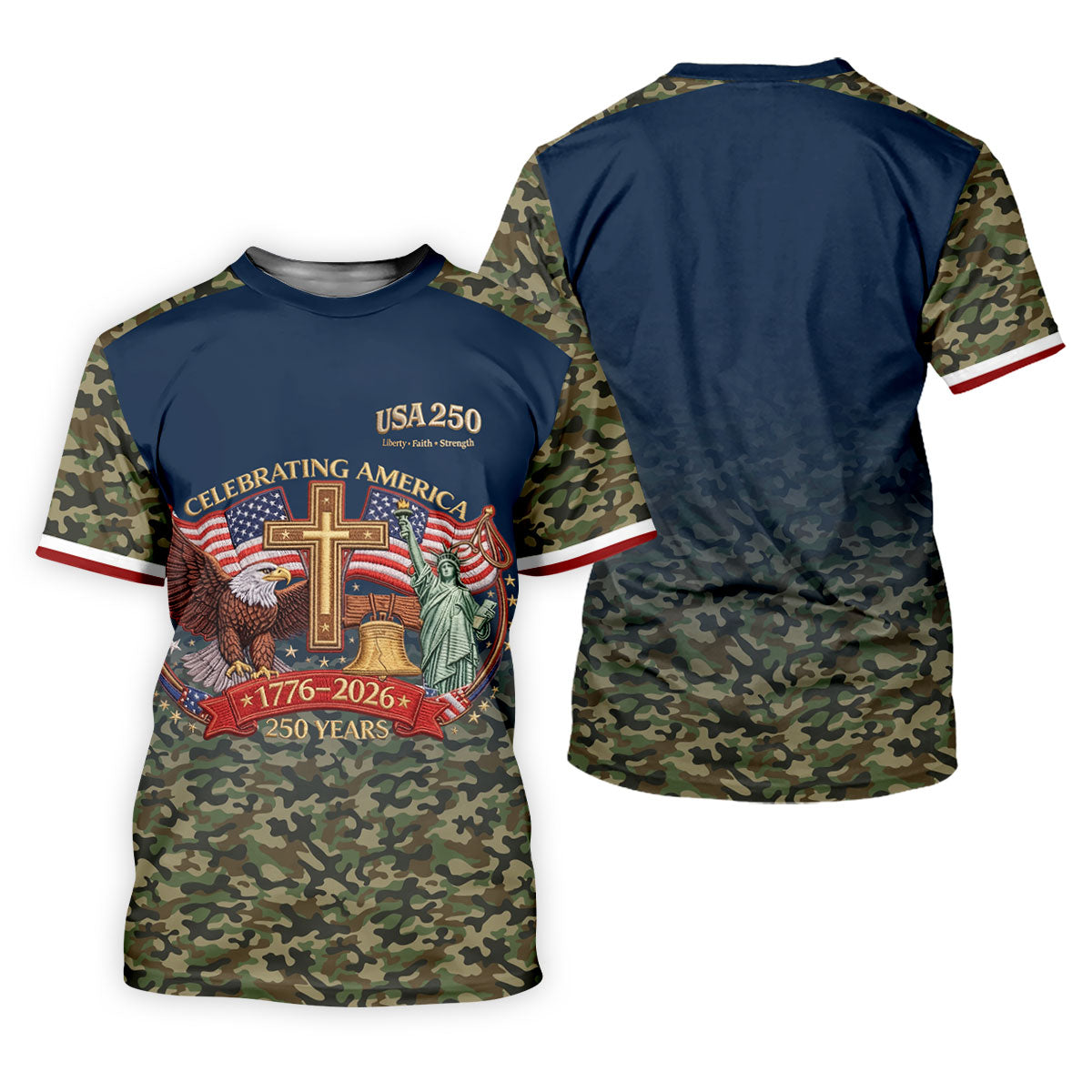 Liberty Faith Strength Faith Cross USA 250 Navy Camo Golf Shirt, 4th Of July Golf Shirt For Women