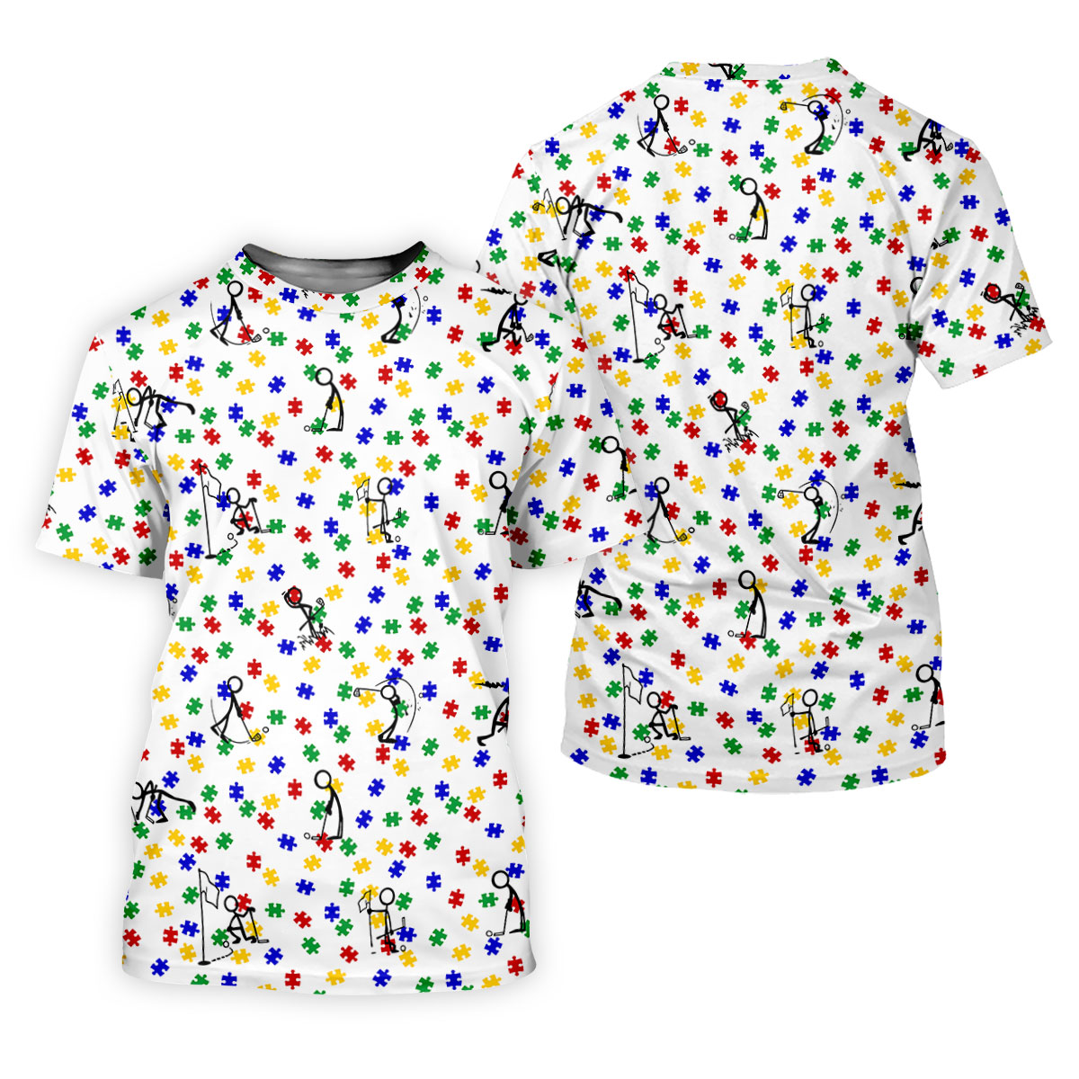 Funny Stick Figure Autism Puzzle Polo Shirts For Men, Autism Awareness Golf Shirt, Golfing Apparel