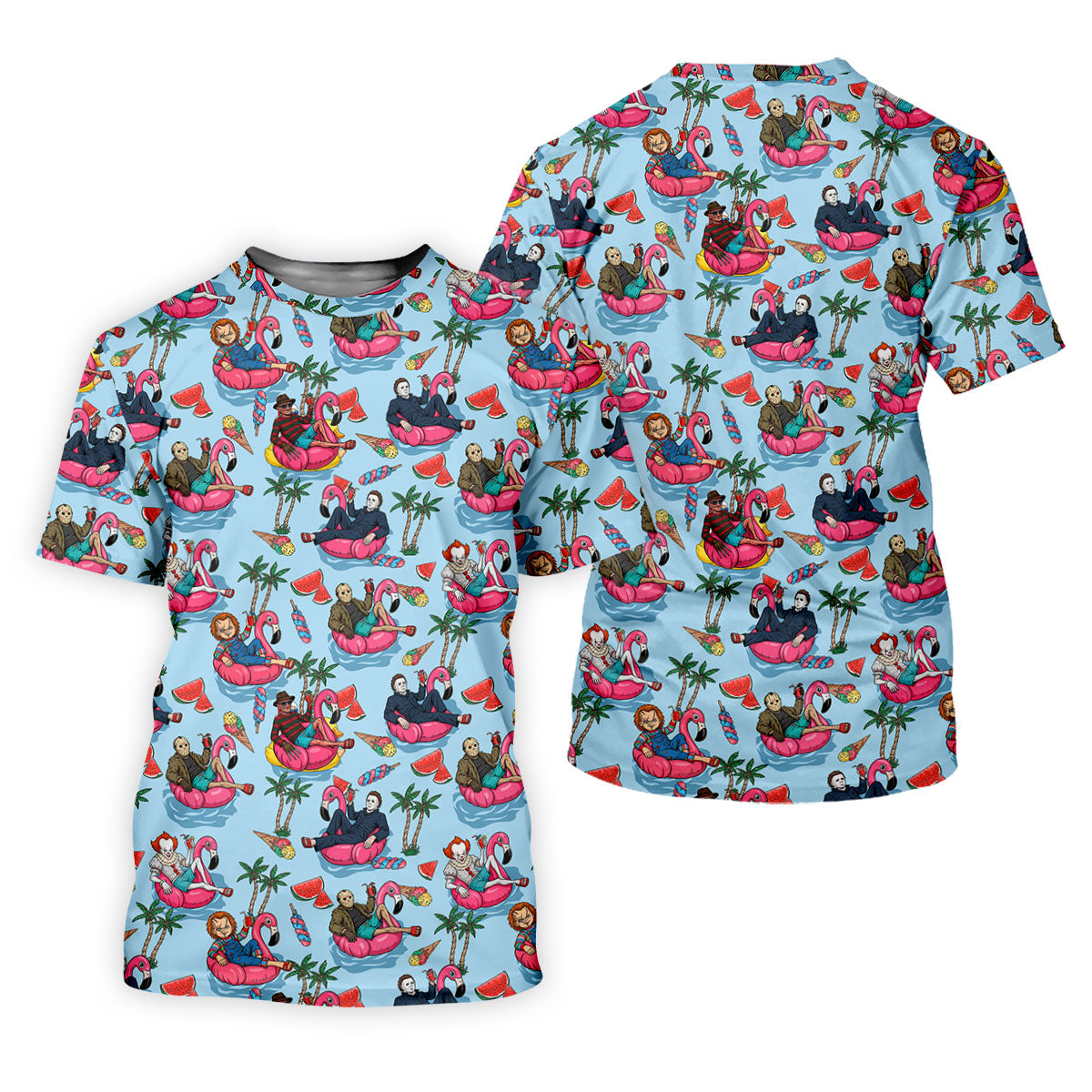 Retro Horror Character Villains Floating On Flamingo Pool Floats Golf Polo Shirt, Women's Golf Polo, Golf Tops For Women