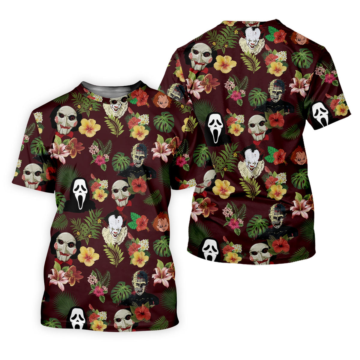 Floral Halloween Horror Character Hawaiian Golf Shirt, Women's Golf Tops, Golf Shirts For Women