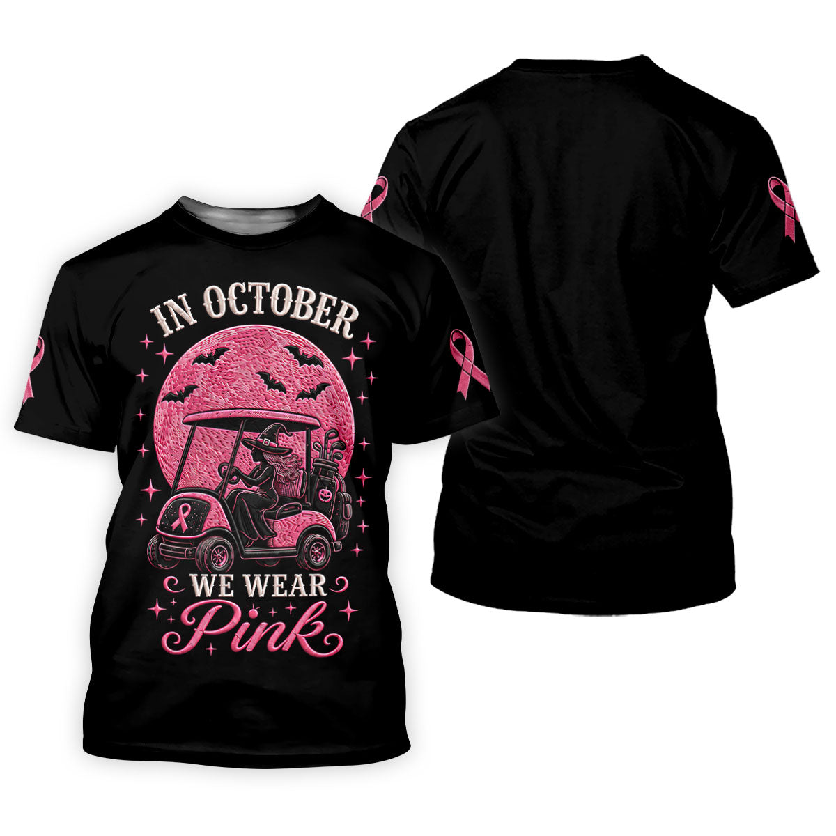 In October We Wear Pink Witch Breast Cancer Polo Shirt, Mens Golf Apparel, Printed Golf Shirts