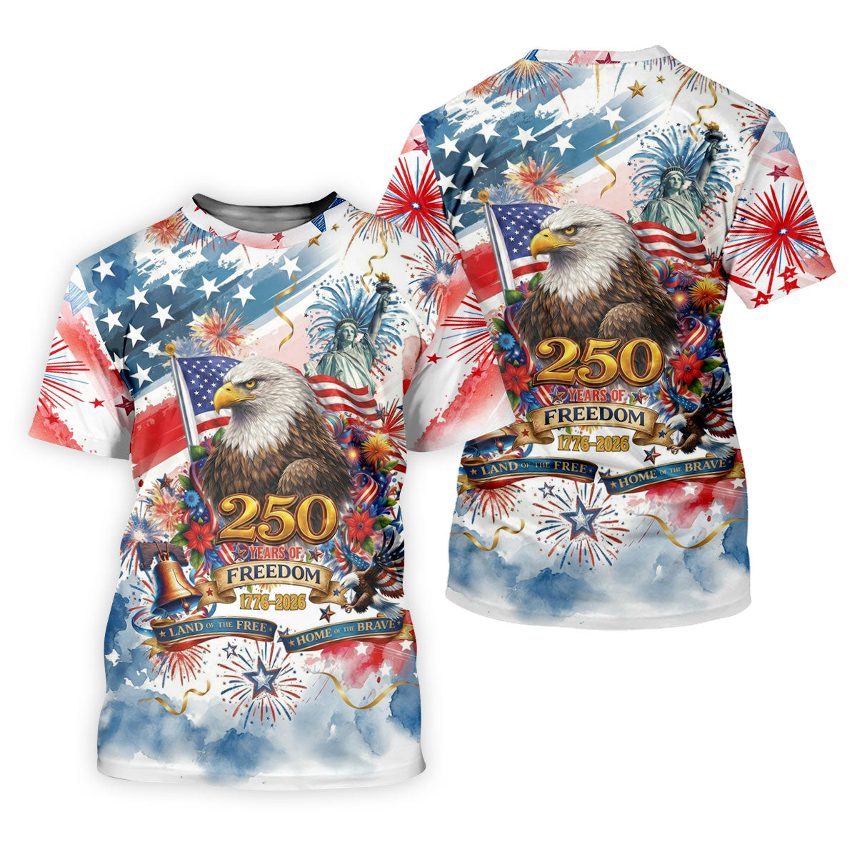 Land Of The Free Red White Blue Water Color Print 4th Of July Golf Shirt, 250 Years Golf Shirts For Men