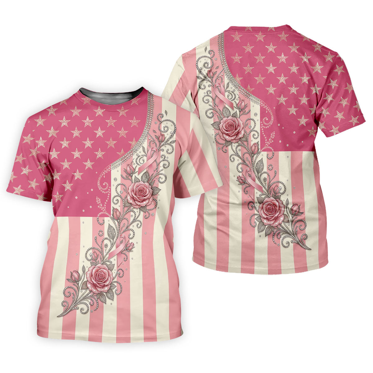 Pink Stars Stripes Rose Breast Cancer Polo Shirt, Men's Golf Shirt, Mens Golf Polo