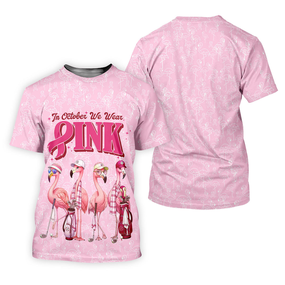 In October We Wear Pink Flamingo Breast Cancer Polo, Ladies Golf Shirts, Womens Golf Tops