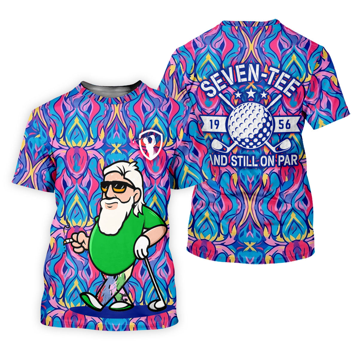 Colorful Psychedelic Santa Golfer Print Men's Golf Shirt, Mens Golf Apparel, Hawaiian Golf Shirt