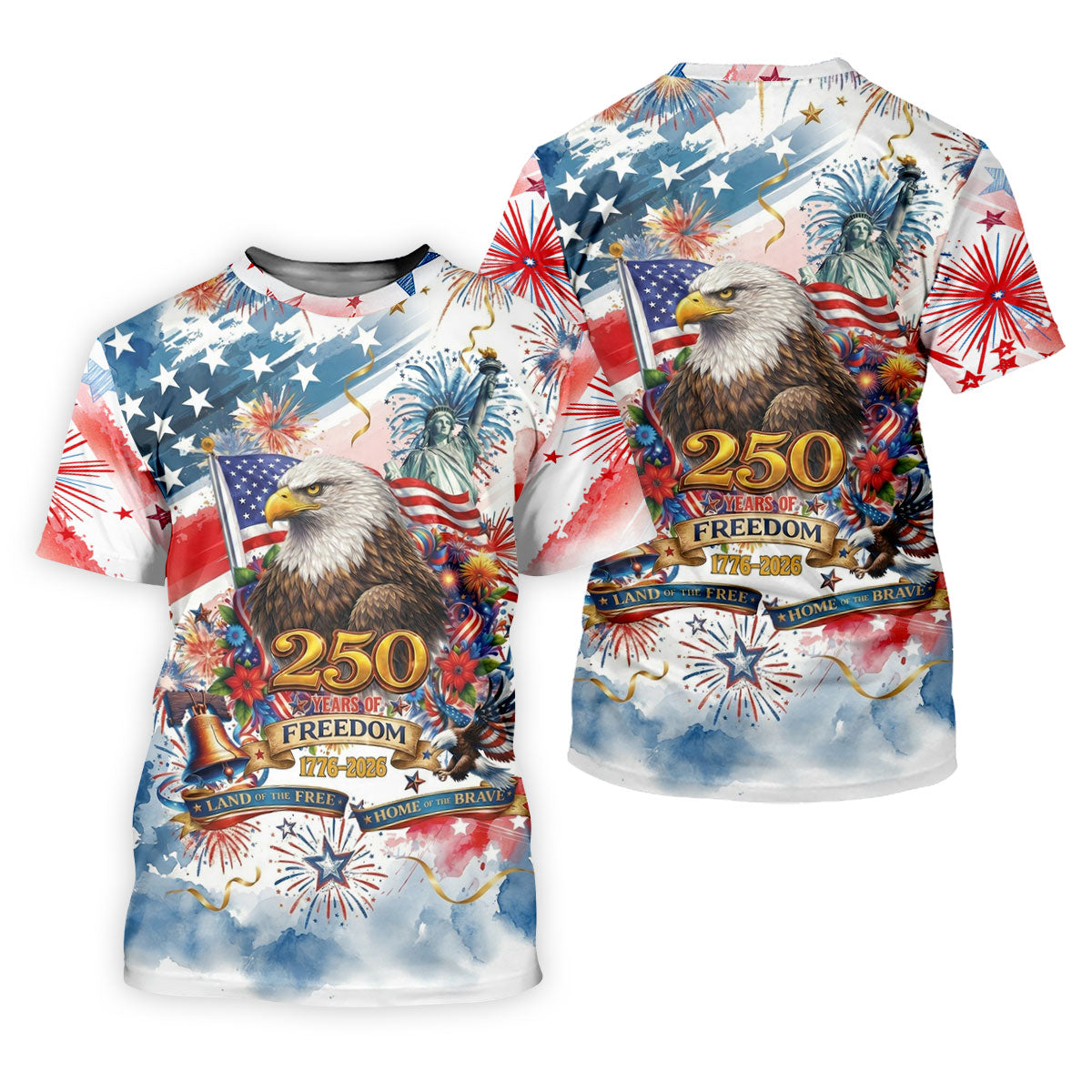 Land Of The Free Red White Blue Water Color Print 4th Of July Golf Shirt, 250 Years Golf Shirt For Women