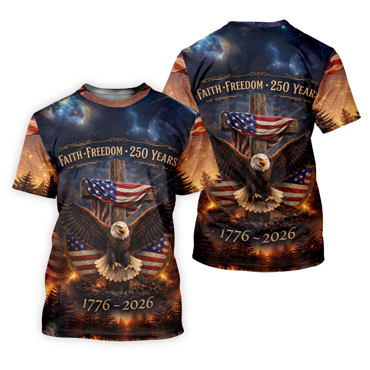 Faith Freedom 250 Years Galaxy Pattern US Flag Golf Shirt, Patriotic 4th Of July Golf Shirt For Women
