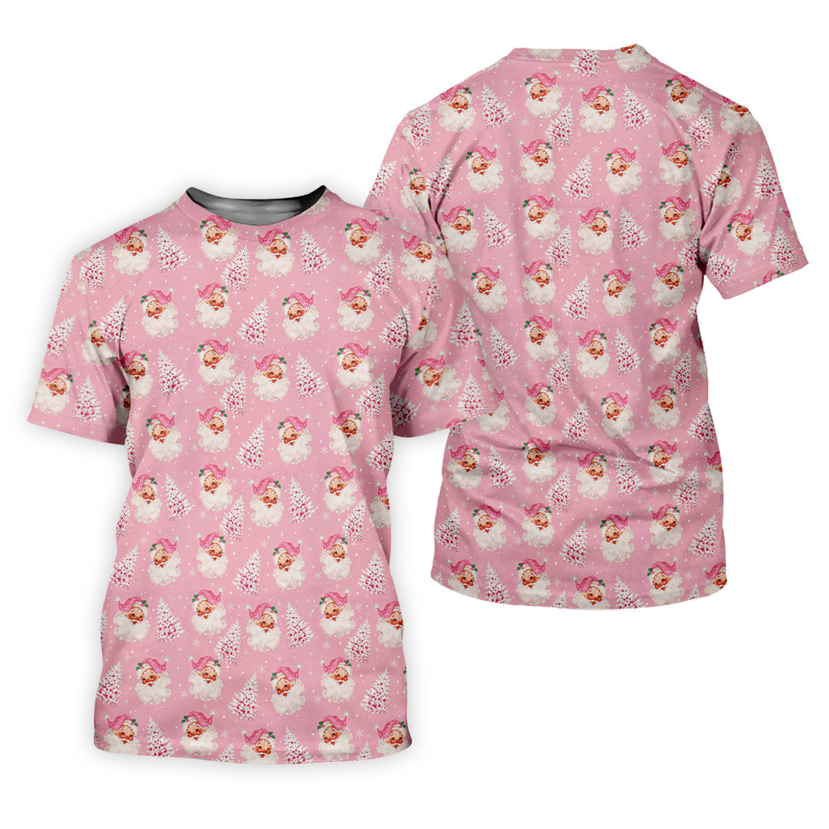 Pink Xmas Tree Santa Claus Pattern Christmas Golf Shirt, Polo Shirts For Men, Golf Gift For Men