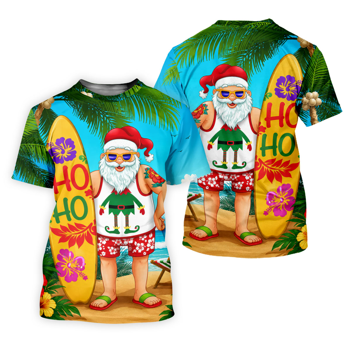 Surfboard Santa Tropical Christmas Golf Shirt, Women's Golf Tops, Hawaiian Golf Shirt