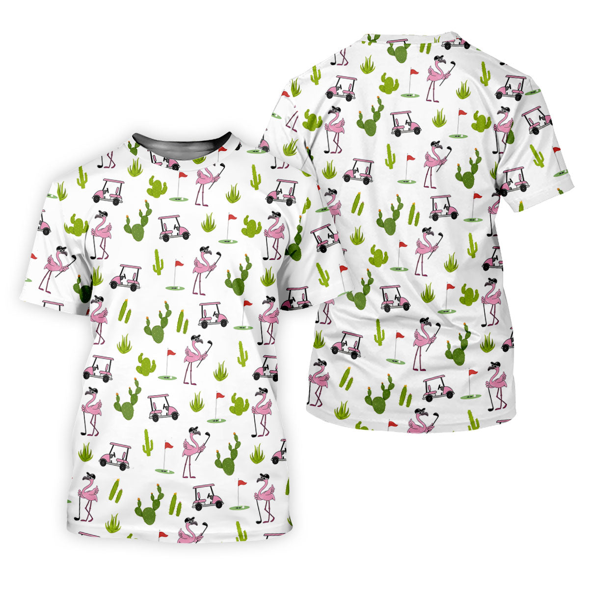 Pink Flamingo Golf Cart Cactus Hawaiian Golf Shirt, Mens Golf Polo, Golf Apparel For Men
