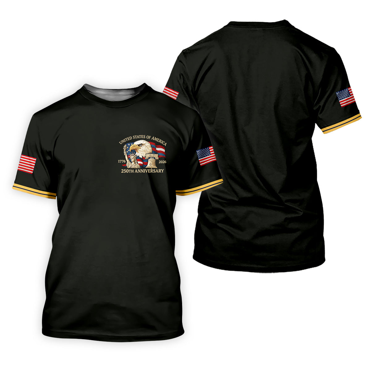 Bald Eagle American Flag 250 Years Black Golf Shirt, Patriotic 4th Of July Golf Shirts For Men