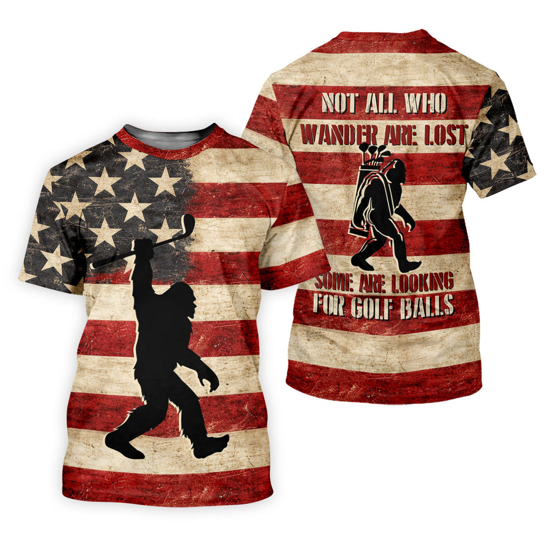Vintage American Flag Bigfoot Golfer Polo Shirt, Mens Golf Polo, Golf Polo Shirts For Men