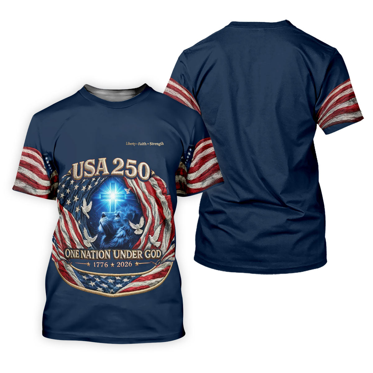 One Nation Under God Faith Cross USA 250 Navy Golf Shirt, 4th Of July Golf Shirt For Women
