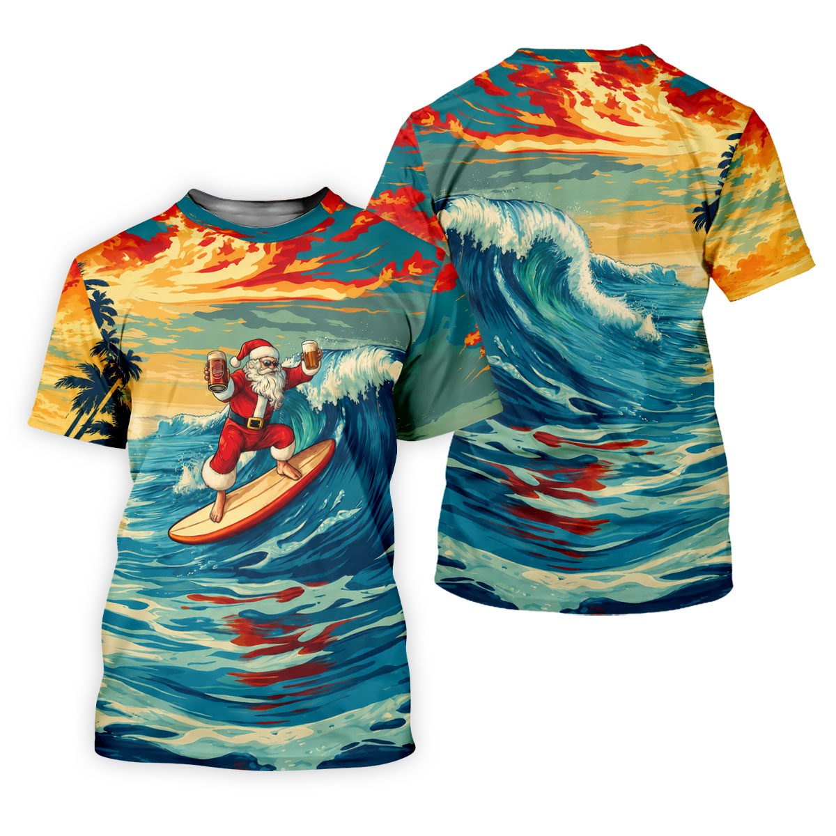 Tropical Surfing Santa Sunset Christmas Golf Shirt, Men's Golf Shirt, Hawaiian Golf Shirt