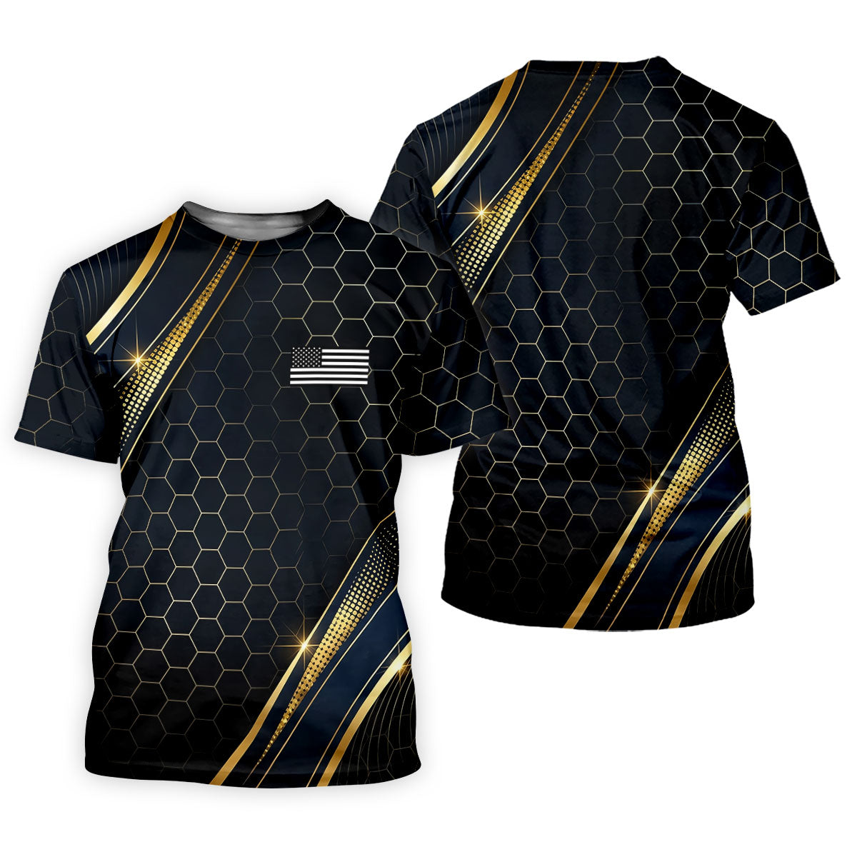 Gold Hexagonal US Flag Logo Retro Golf Shirt, 250 Years Patriotic 4th Of July Golf Shirts For Men