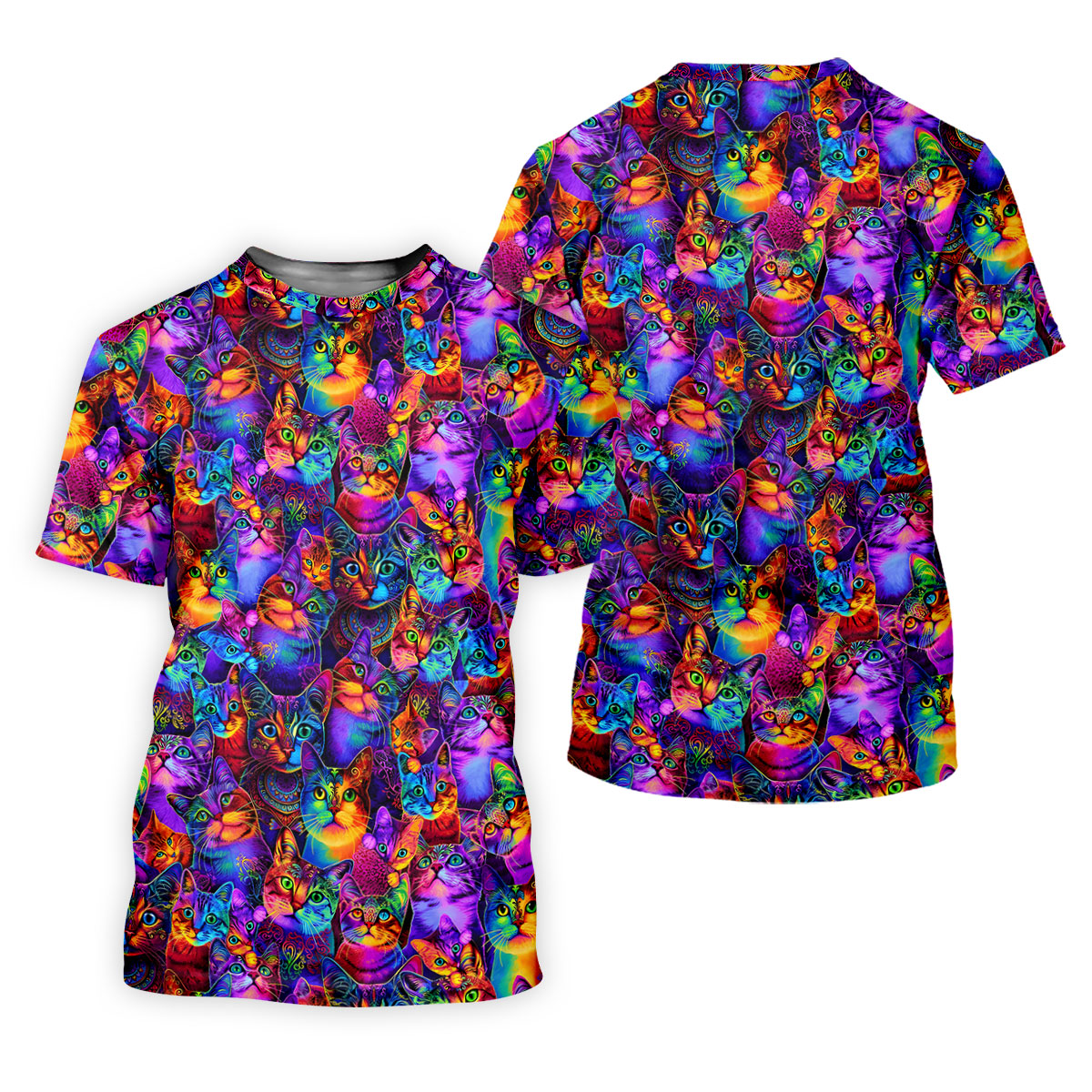 Psychedelic Cat Golf Shirt, Colorful Neon Cat Pattern, Polo Shirts For Women