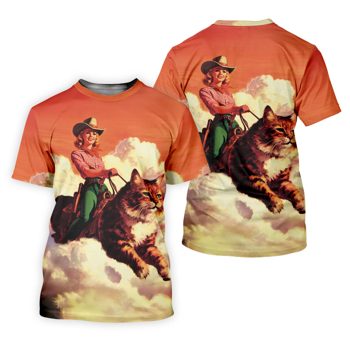 Orange Vintage Cowgirl Riding Giant Cat Golf Polo Shirt, Golf Shirts For Men, Hawaiian Golf Shirt