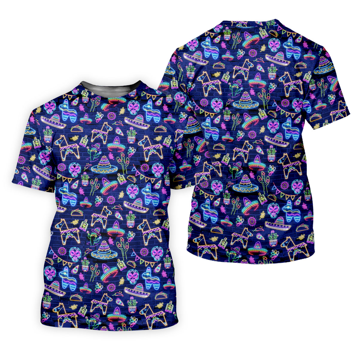 Mexican Holiday Symbols Neon Pattern Cinco De Mayo Celebration Fiesta Themed Golf Shirts For Men