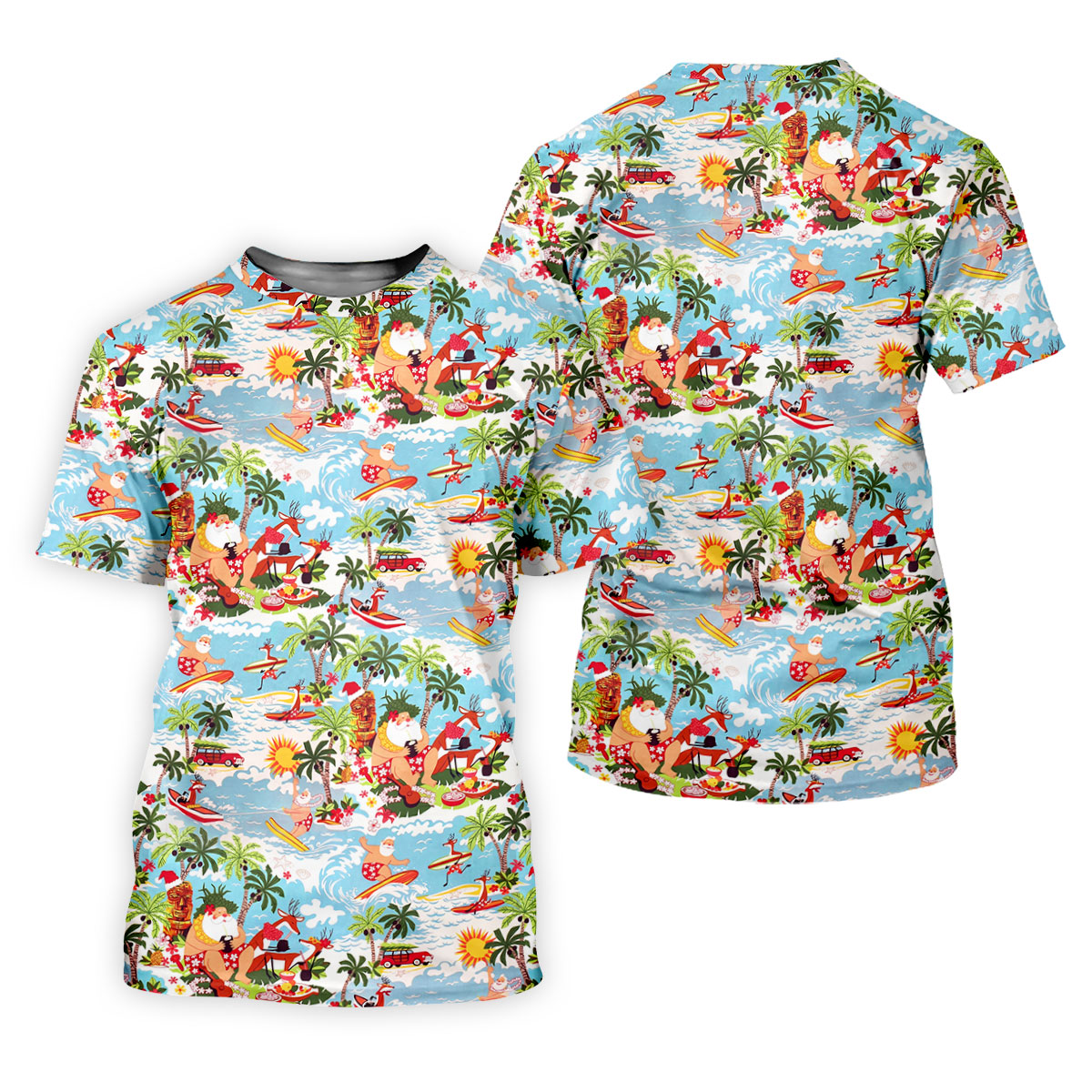 Surfing Santa Tropical Christmas Golf Shirt, Beach Reindeer Holiday Polo, Women's Golf Tops, Printed Golf Shirt