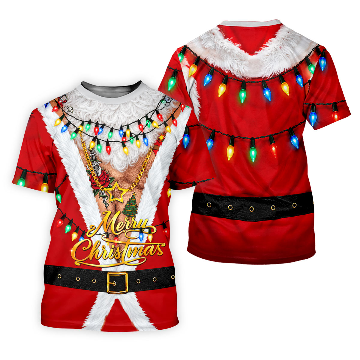 Merry Christmas Santa Lights Gold Chain Polo Shirt, Mens Golf Polo, Golf Shirts For Men