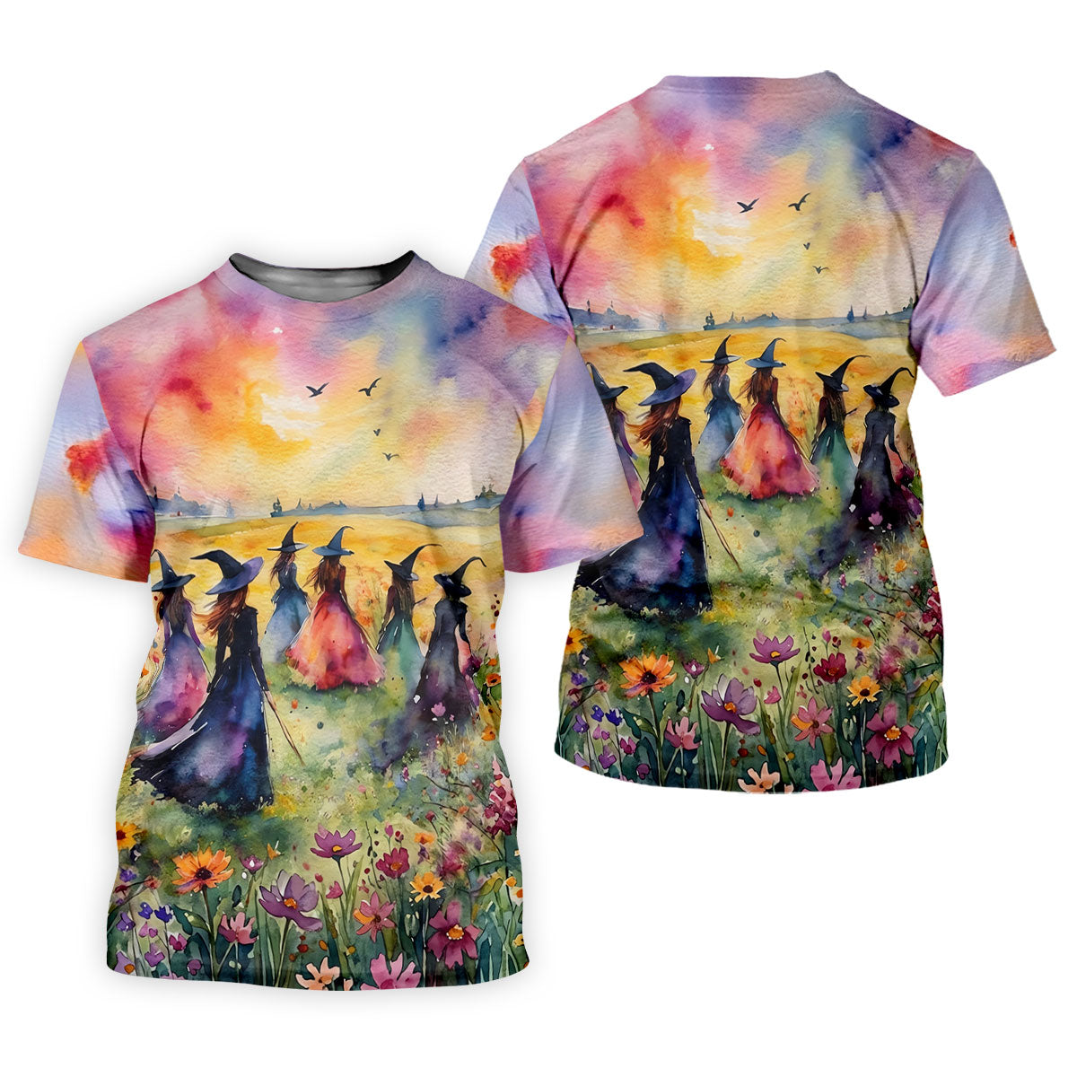 Watercolor Witch Gathering Halloween Golf Polo Shirt, Printed Golf Shirts, Golf Polo Shirts For Men