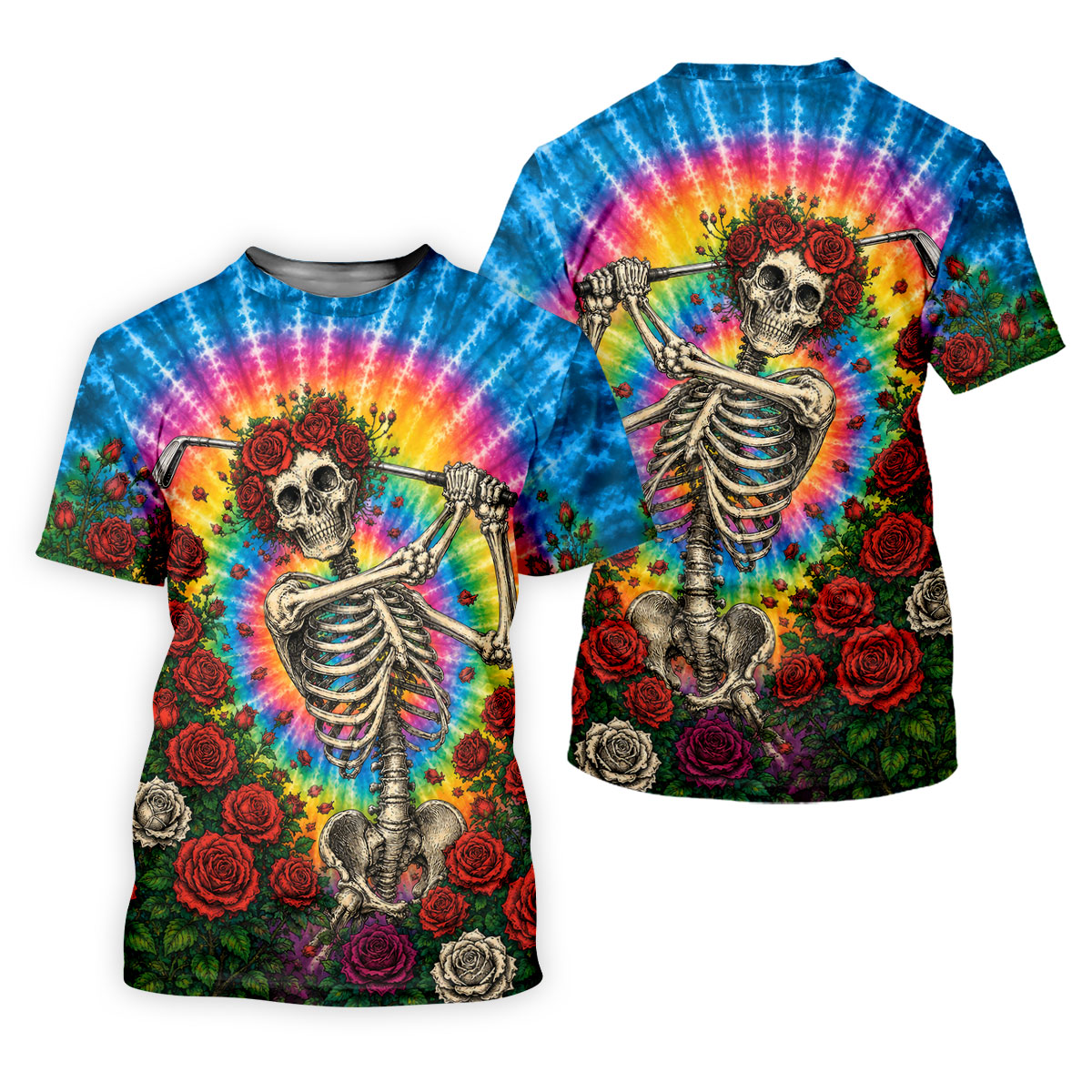 Rose Tie Dye Skeleton Golfer Halloween Polo Shirt, Womens Golf Tops, Printed Golf Shirt