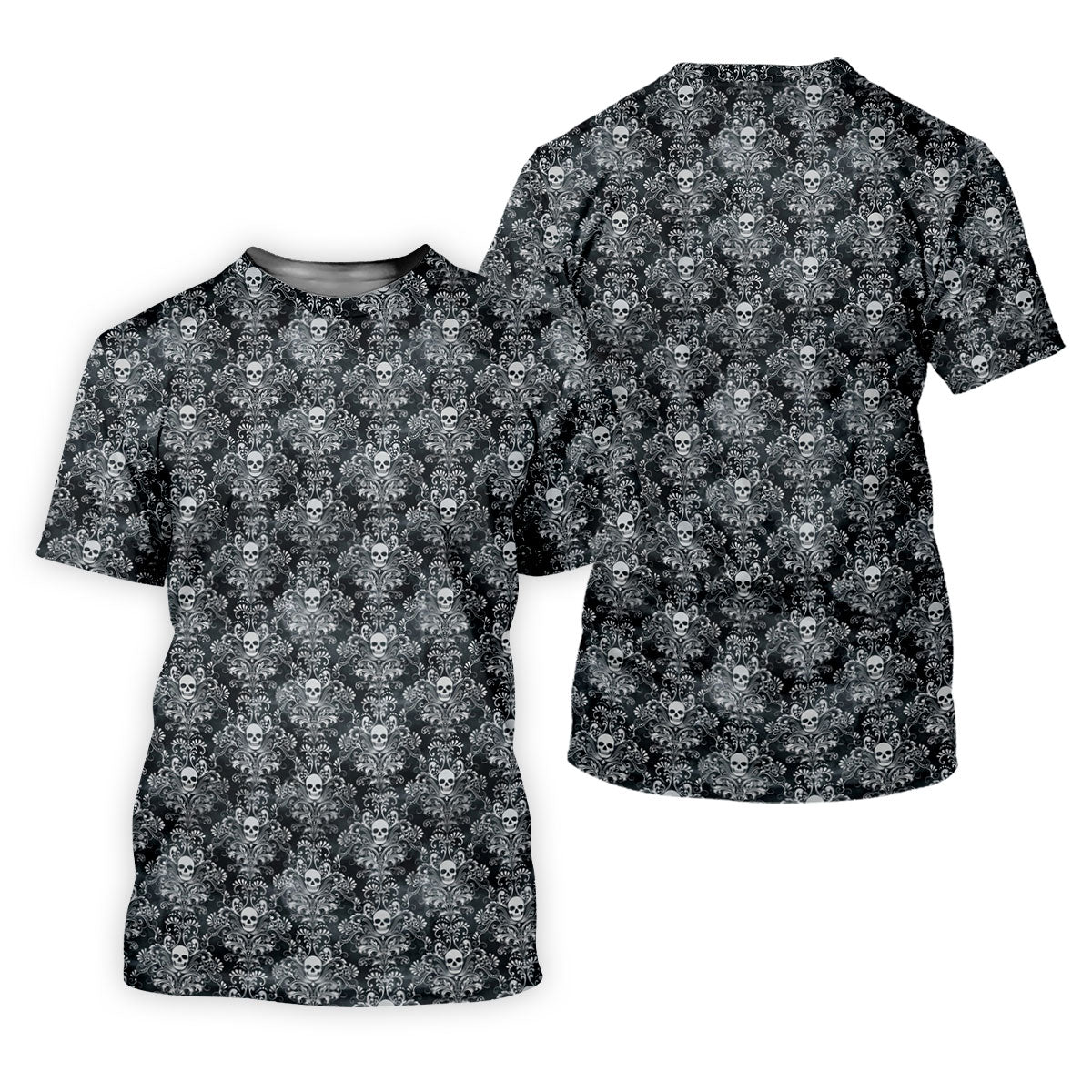 Skull Damask Charcoal Grey Gothic Floral Women Golf Top, Ladies Golf Shirts, Golf Shirt For Women