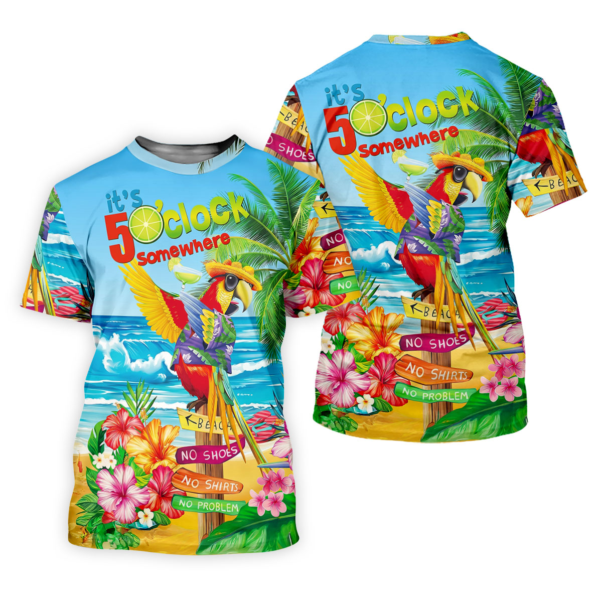 It's 5 O'Clock Somewhere Tropical Parrot Hawaiian Golf Shirt, Men's Funny Golf Shirts