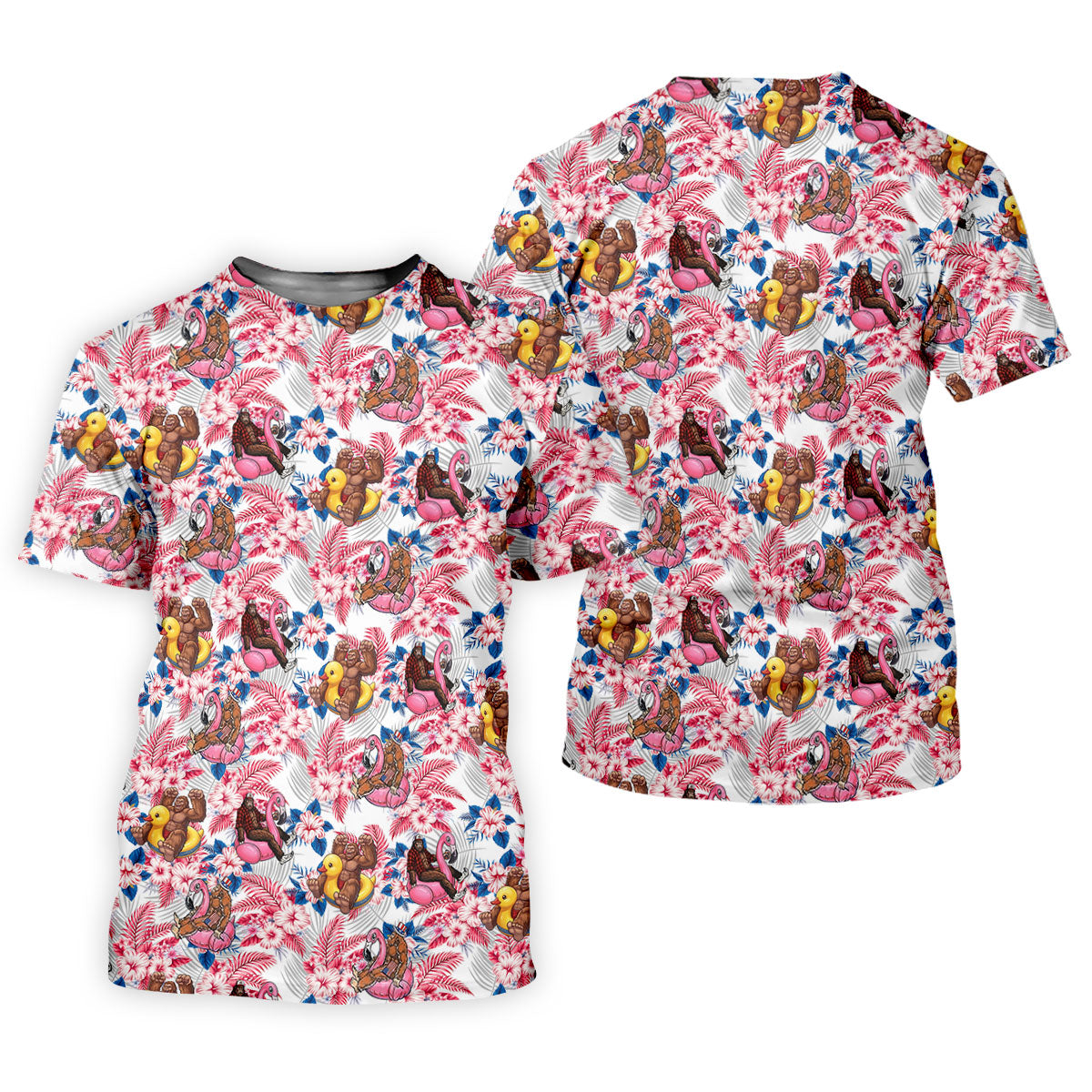 Funny Bigfoot Pool Party Hawaiian Golf Shirt, Red White Blue Tropical Flamingo Golf Shirt For Women