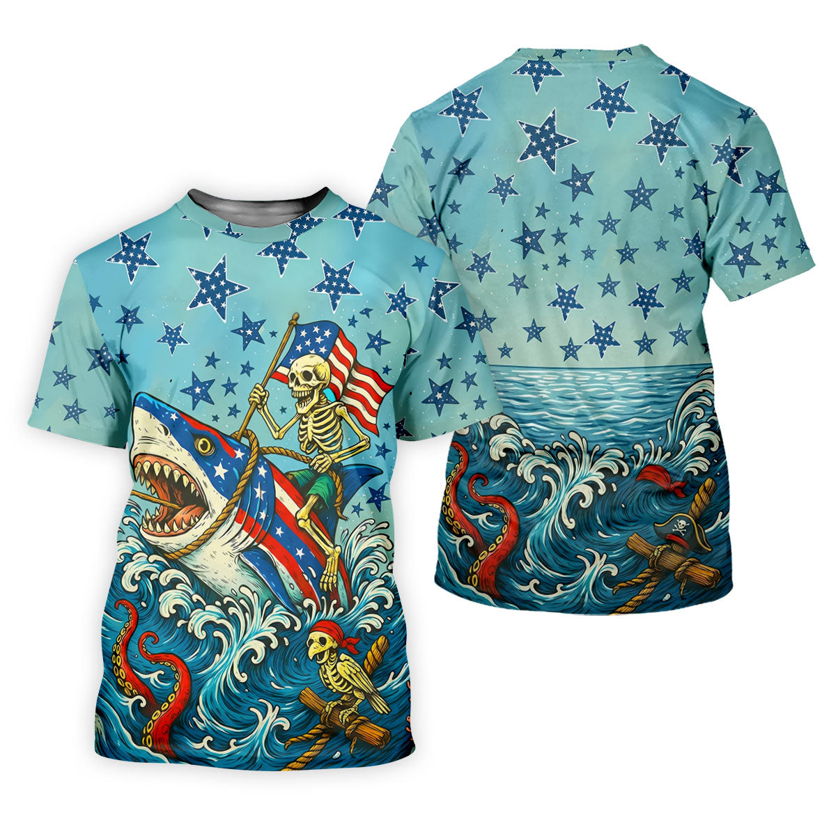 Skeleton Riding Shark Patriotic Golf Shirt, 4th Of July Golf Shirt, 250 Years Polo Shirts For Men