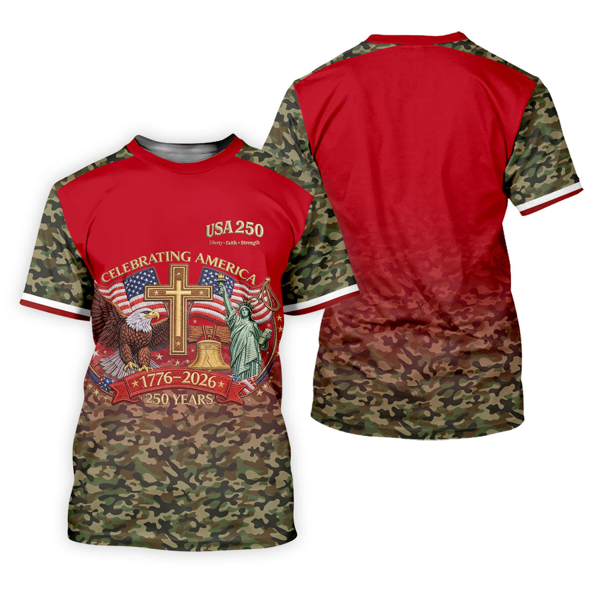 Liberty Faith Strength Faith Cross USA 250 Red Camo Golf Shirt, 4th Of July Golf Shirt For Women