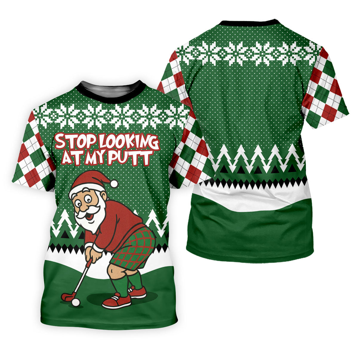Stop Looking At My Putt Funny Santa Claus Argyle Golf Shirt, Christmas Golf Shirt, Polo Shirts For Men