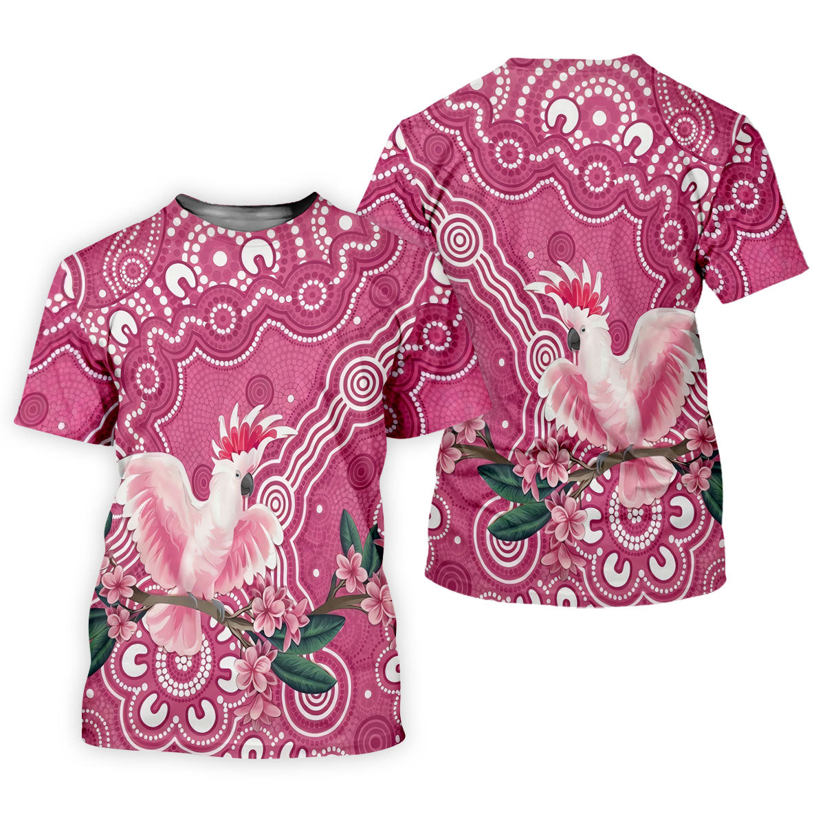 Pink Cockatoo Floral Aboriginal Art Polo Shirt, Hawaiian Golf Shirt, Mens Golf Shirts