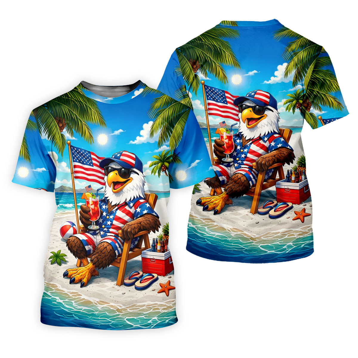 Funny Bald Eagle US Flag Pattern Hawaiian Golf Shirt, 250 Years Patriotic 4th Of July Golf Shirts For Men
