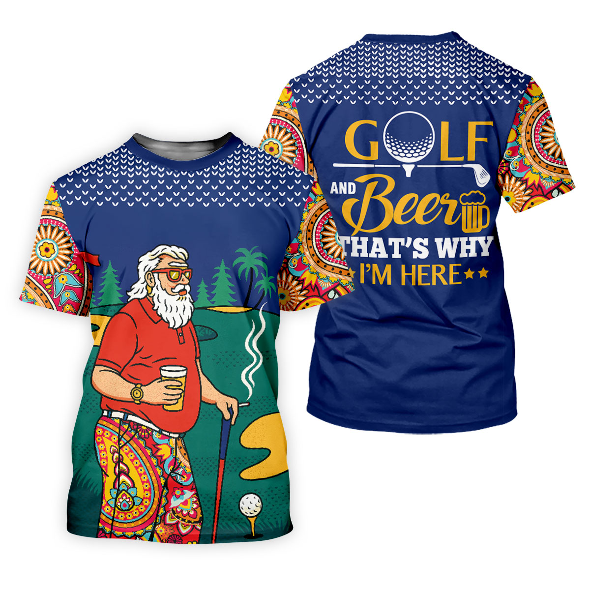 Funny Bearded Golfer With Beer And Paisley Sleeves Golf Polo, Golf Shirts For Men, Hawaiian Golf Shirt