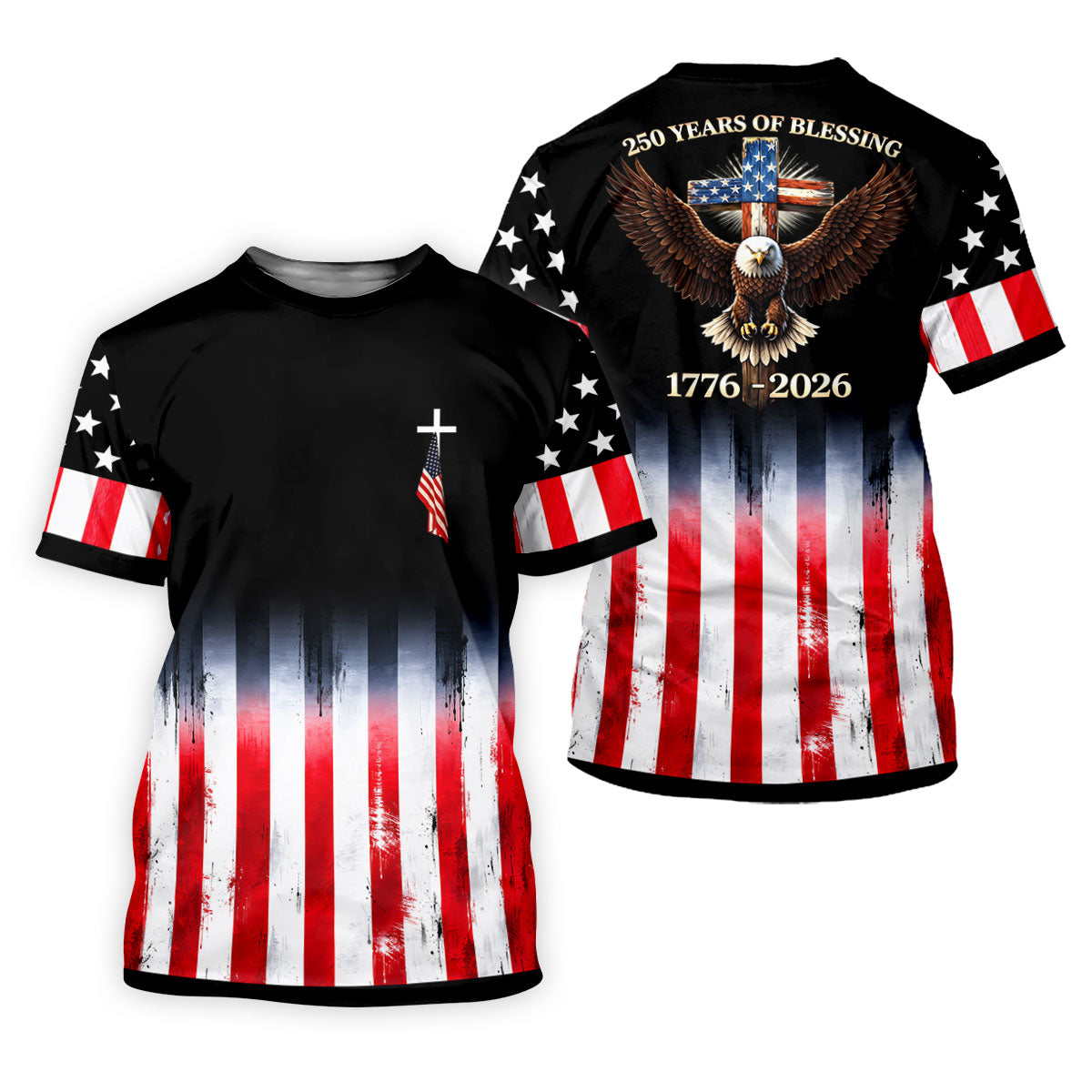 250 Years Of Blessing Faith Cross American Flag Golf Shirt, Patriotic 4th Of July Golf Shirts For Men