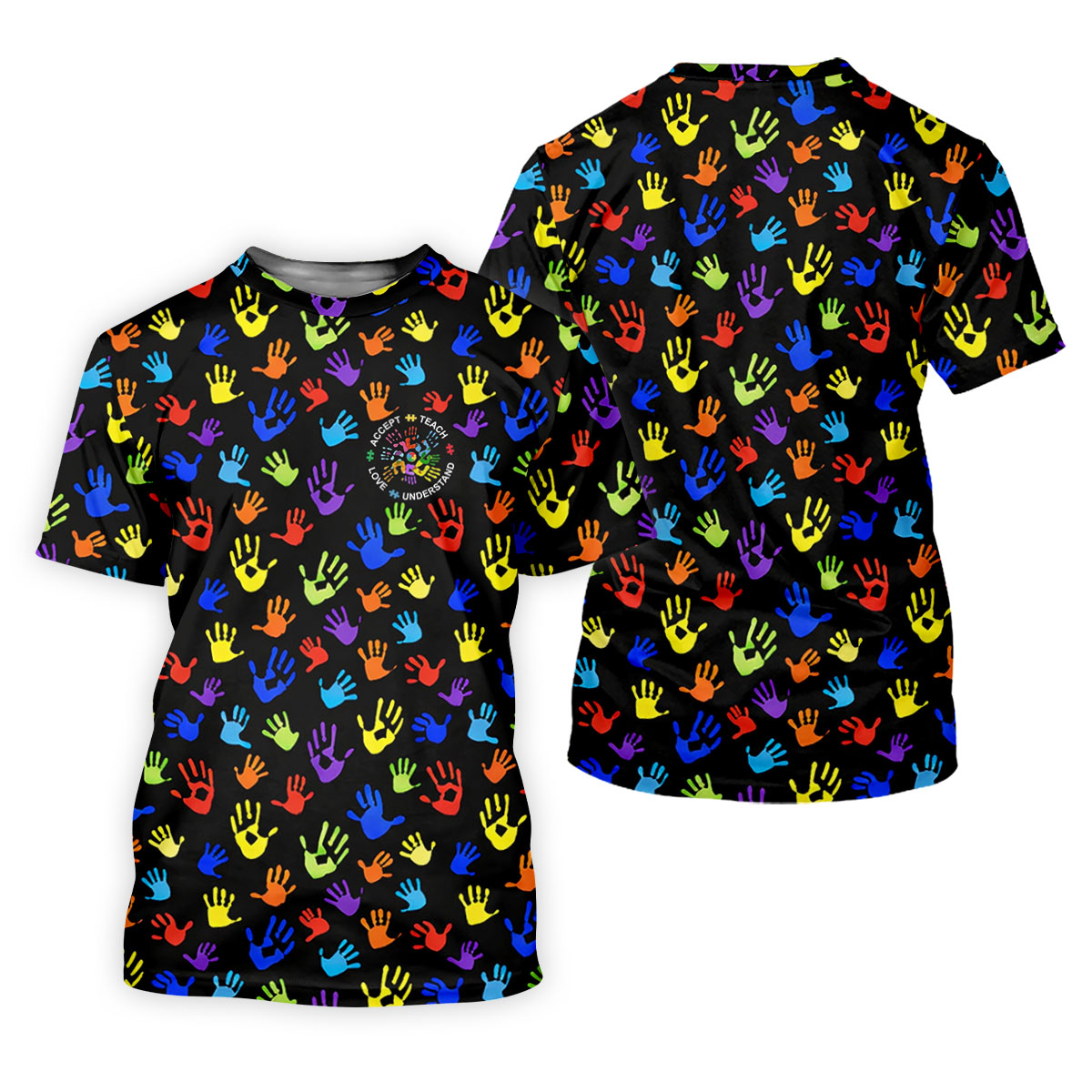 Accept Teach Understand Love Autism Awareness Colorful Handprint Black Golf Shirt, Golf Shirts For Men