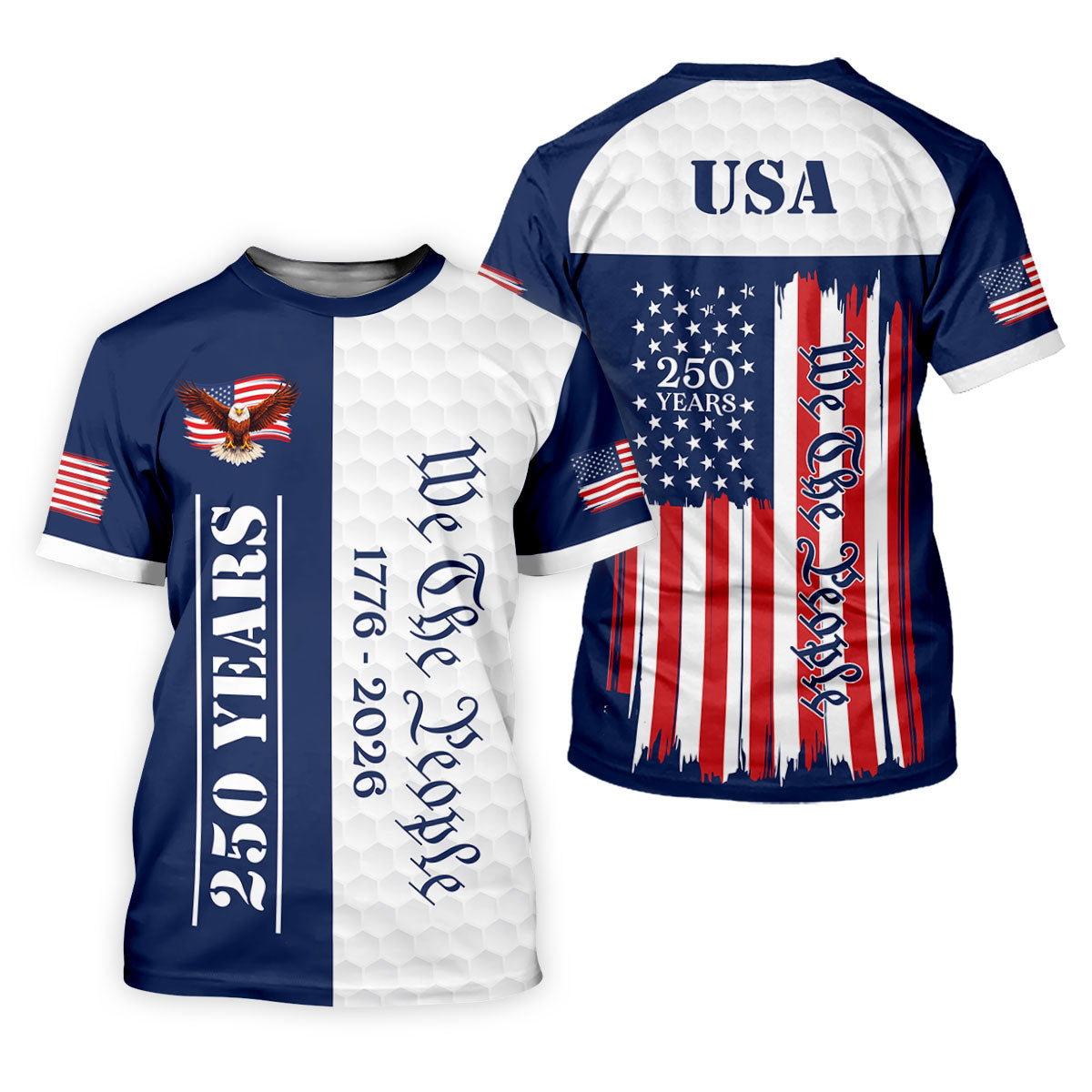 We The People Bald Eagle US Flag Golf Ball Pattern 250 Years Patriotic 4th Of July Golf Shirts For Men