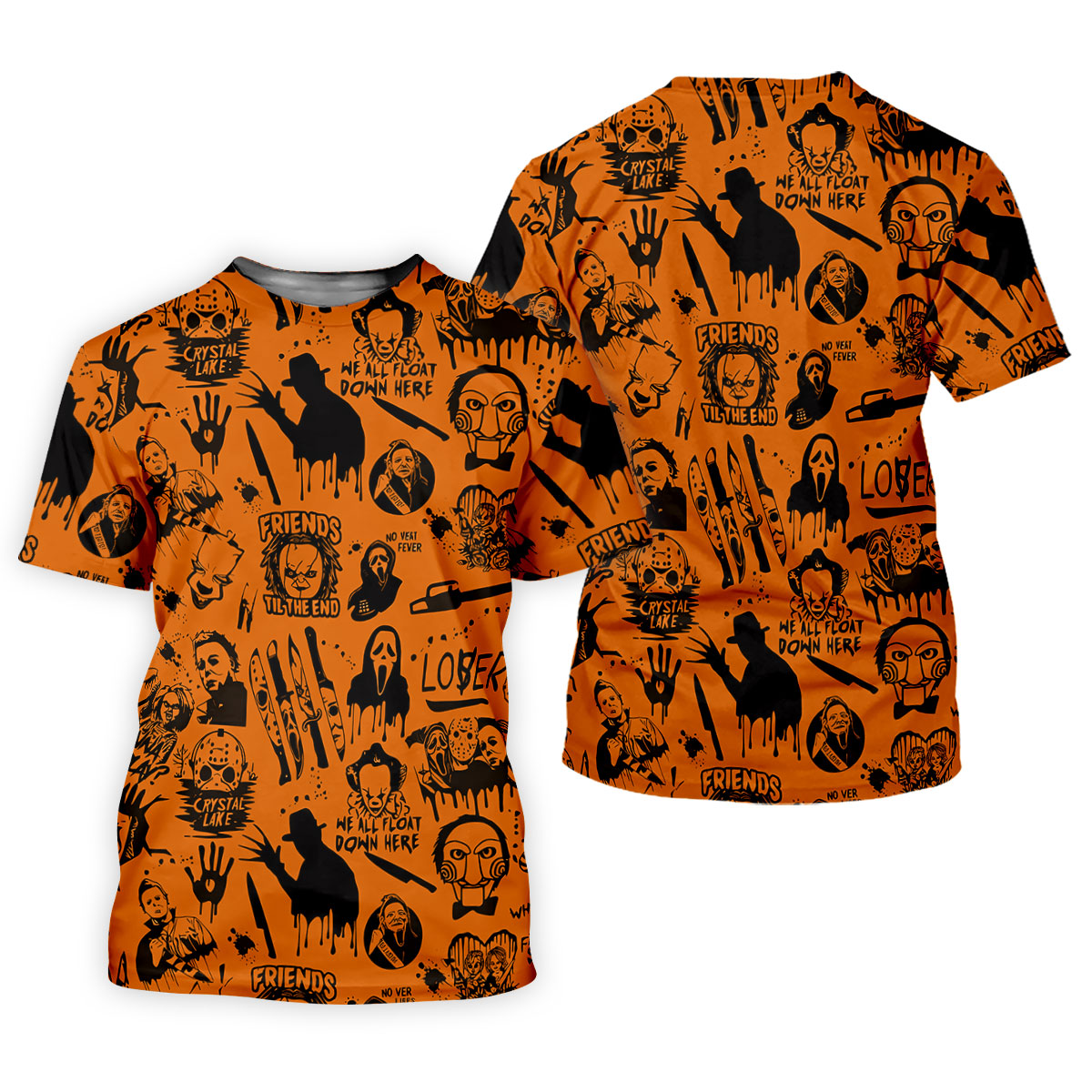 Orange Horror Character Icons Pattern Golf Polo Shirt for Halloween, Mens Golf Polo, Printed Golf Shirts