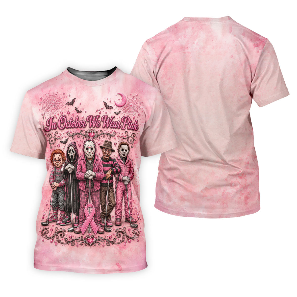 In October We Wear Pink Breast Cancer Horror Characters Golf Polo, Golf Shirts For Women
